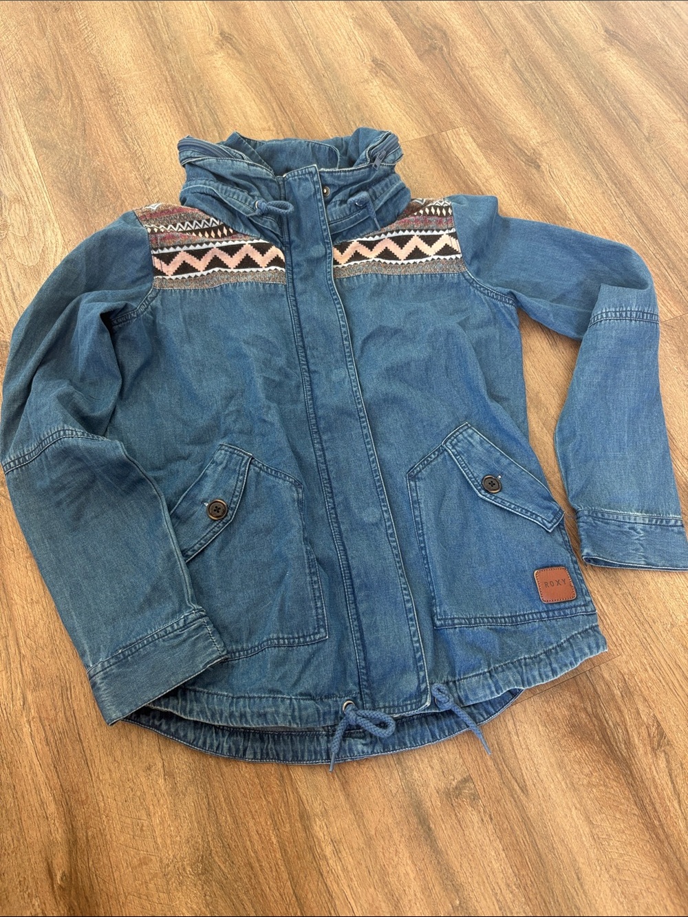 Roxy Girls' Denim Jacket with Geo Trim and Hood